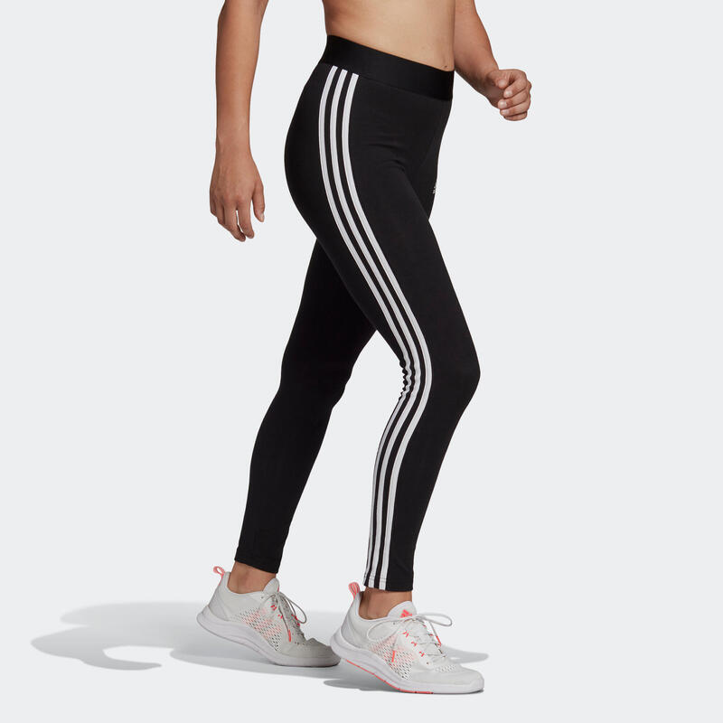 Legging fitness long coton majoritaire taille haute femme - 3 bandes noir blanc