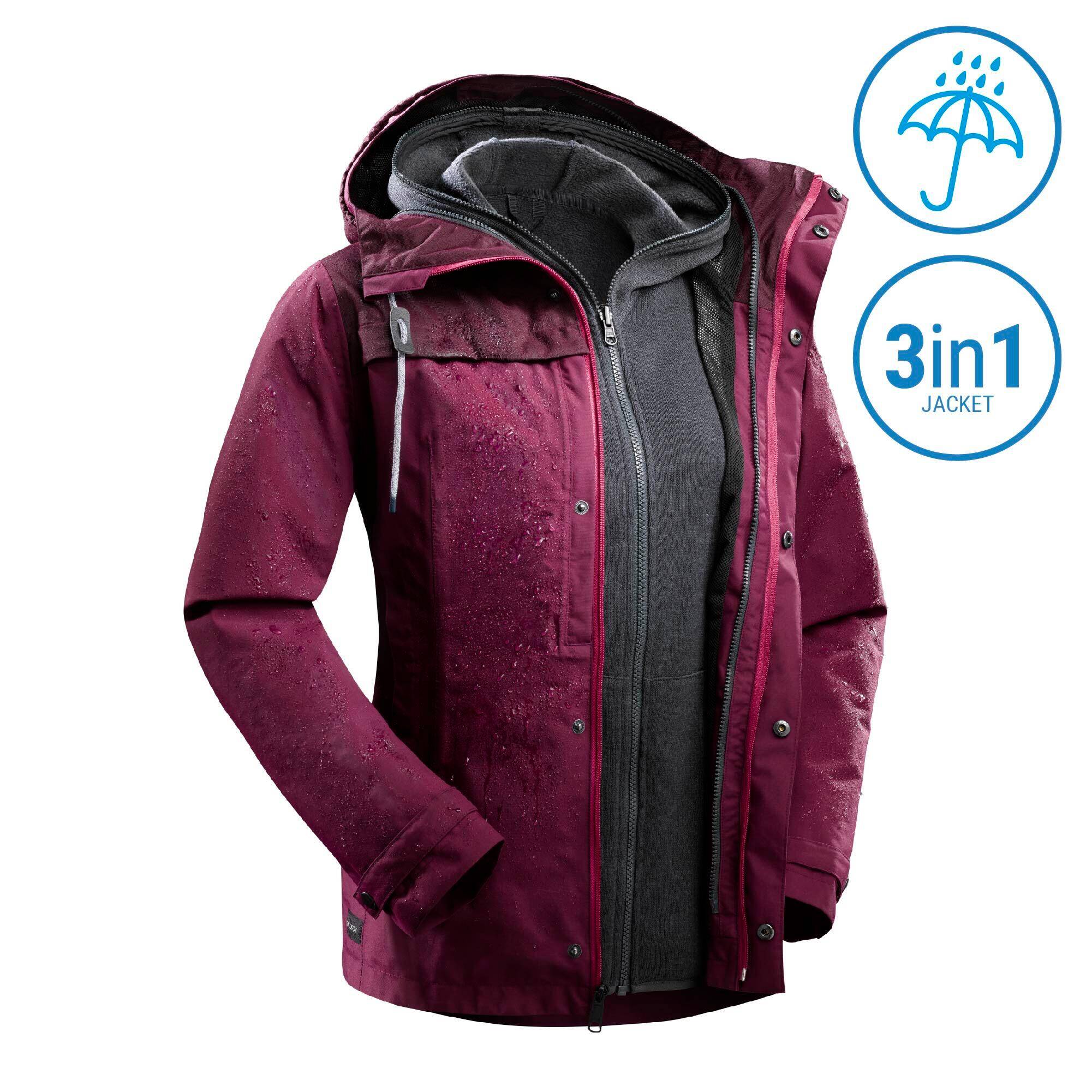Women's 3-In-1 Waterproof Comfort 0°C Travel Trekking Jacket - TRAVEL 100 - pink -  1