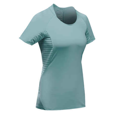 Camiseta de montaña y trekking manga corta Mujer Quechua MH500 celeste