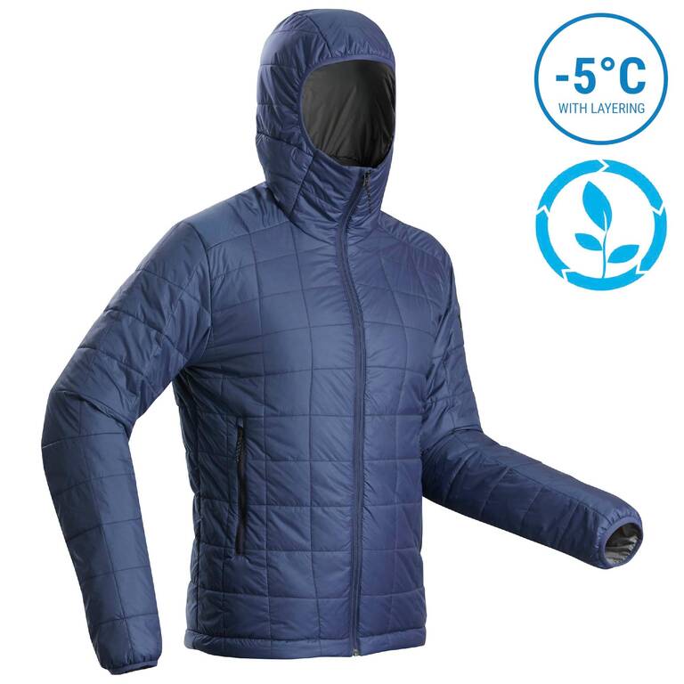 Men's Mountain Trekking Padded Jacket Trek 100 with Hood - Blue