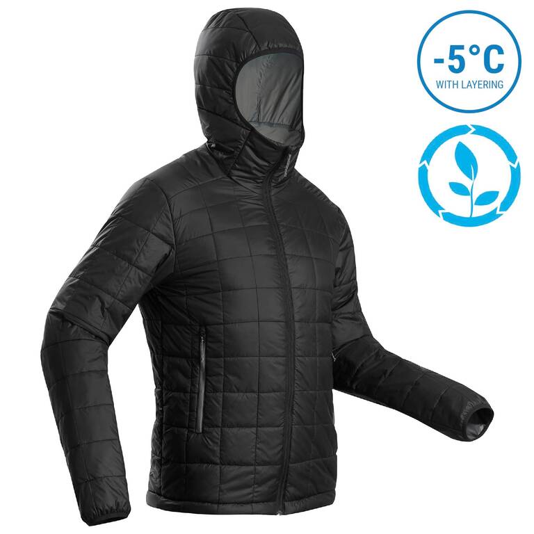 Men's Mountain Trekking Padded Jacket - TREK 100 WITH HOOD - Black