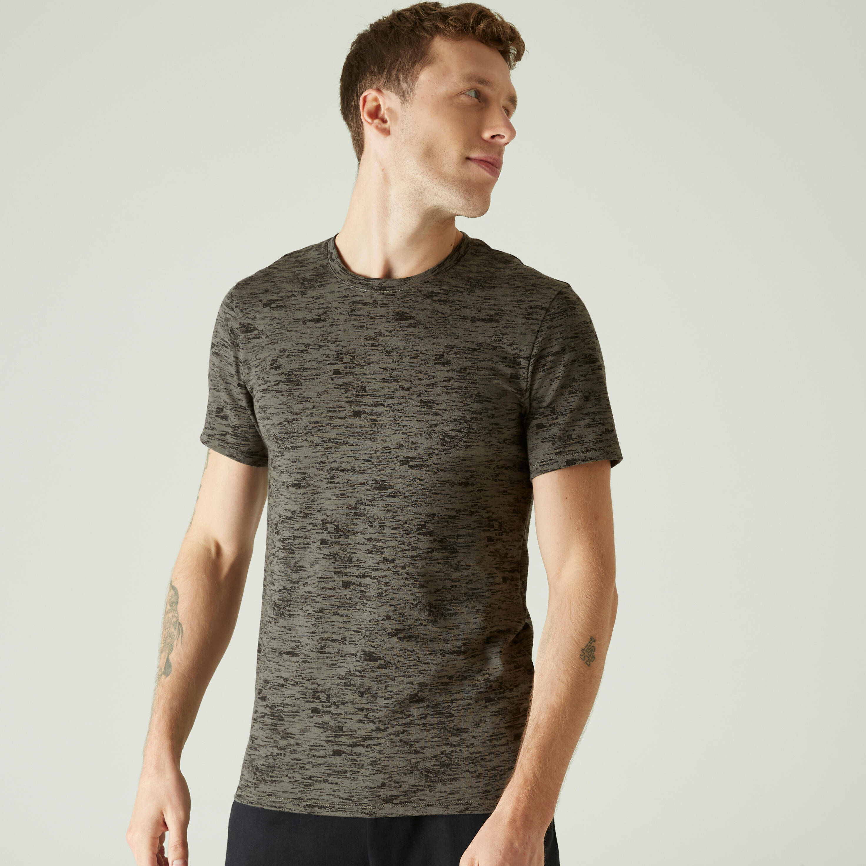 Men Cotton Blend Gym T-shirt Slim fit 500 - Khaki Print -  1