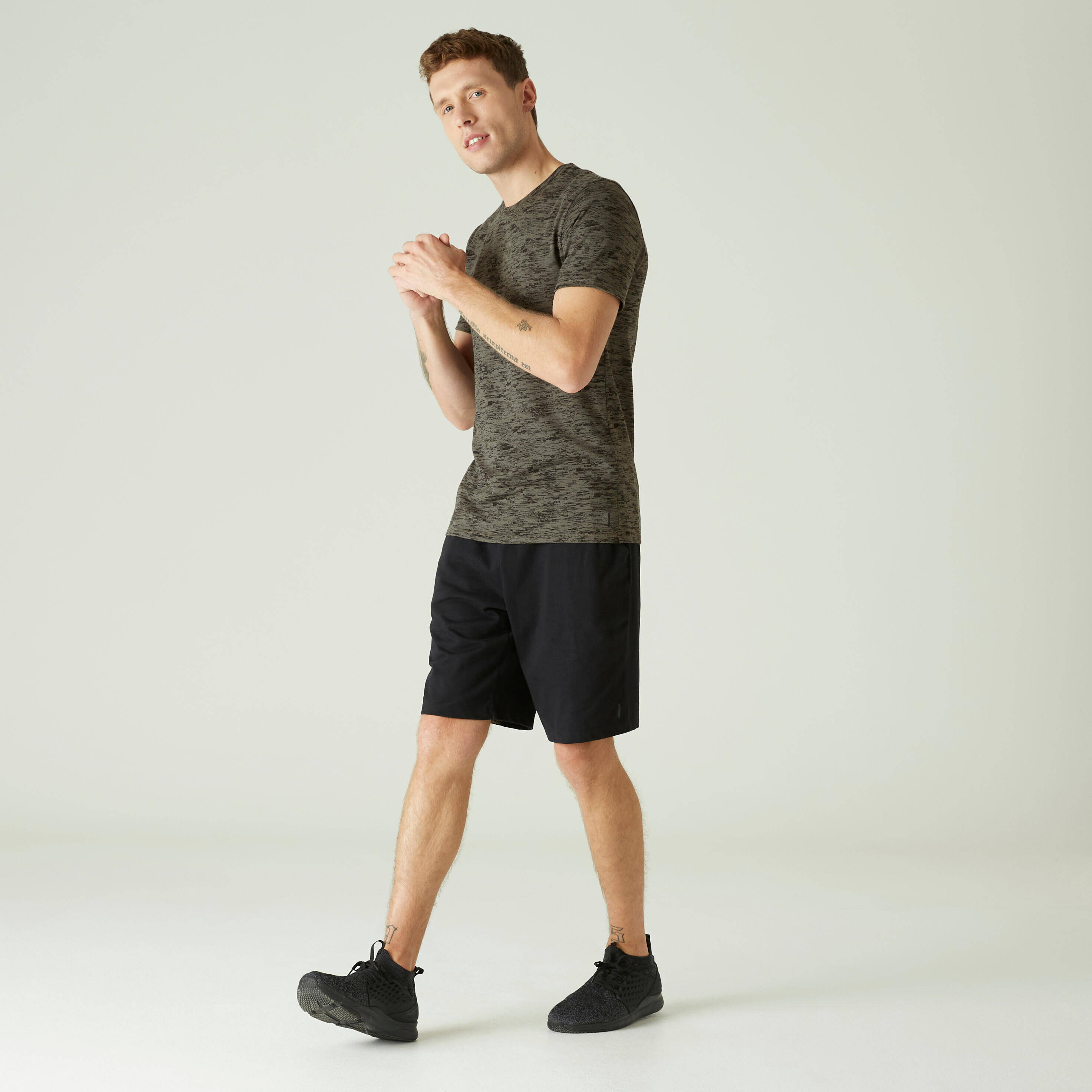 Men Cotton Blend Gym T-shirt Slim fit 500 - Khaki Print -  3