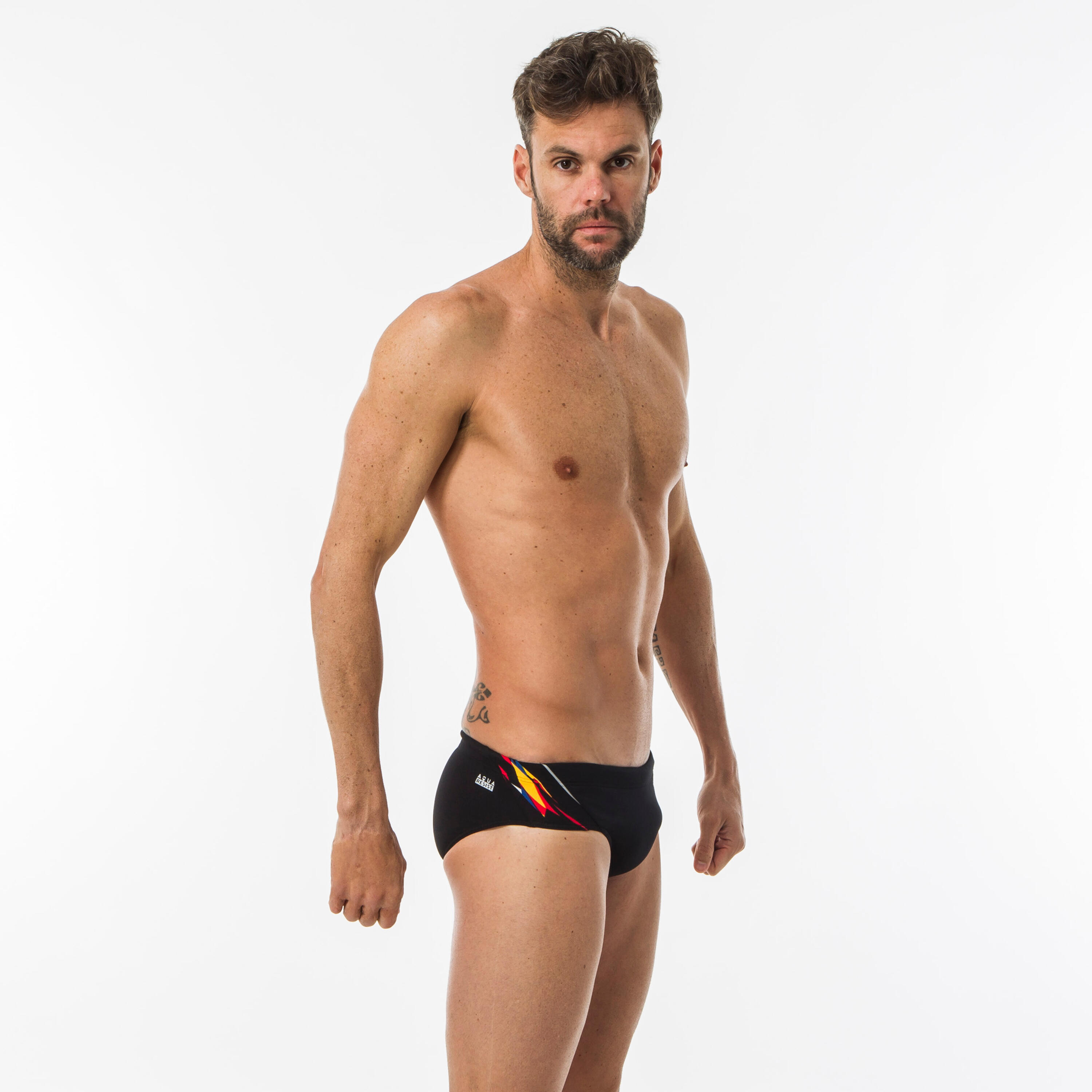 MAILLOT DE BAIN NATATION HOMME SLIP 900 YOKE NOIR KAL ROUGE 5/11
