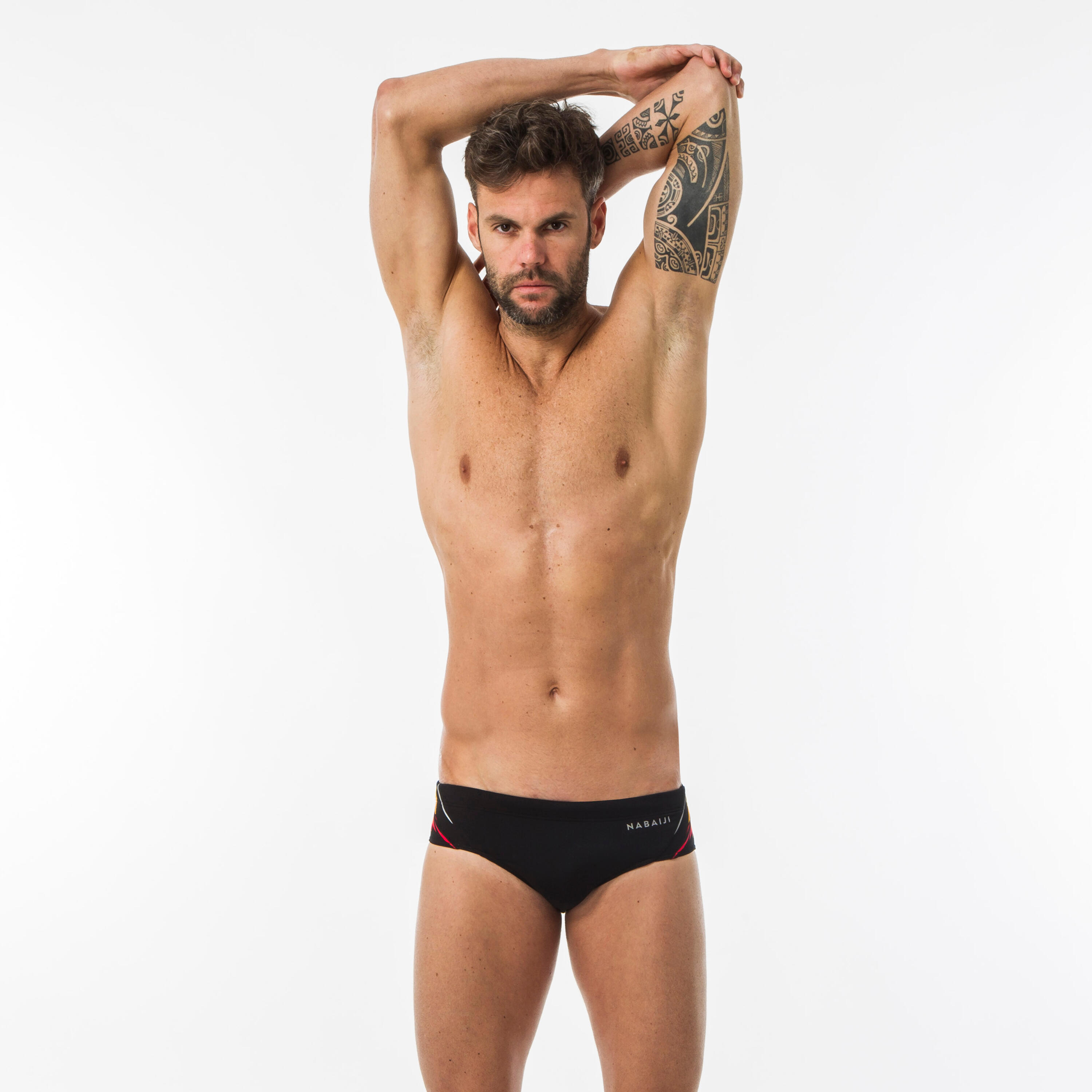 MAILLOT DE BAIN NATATION HOMME SLIP 900 YOKE NOIR KAL ROUGE 4/11
