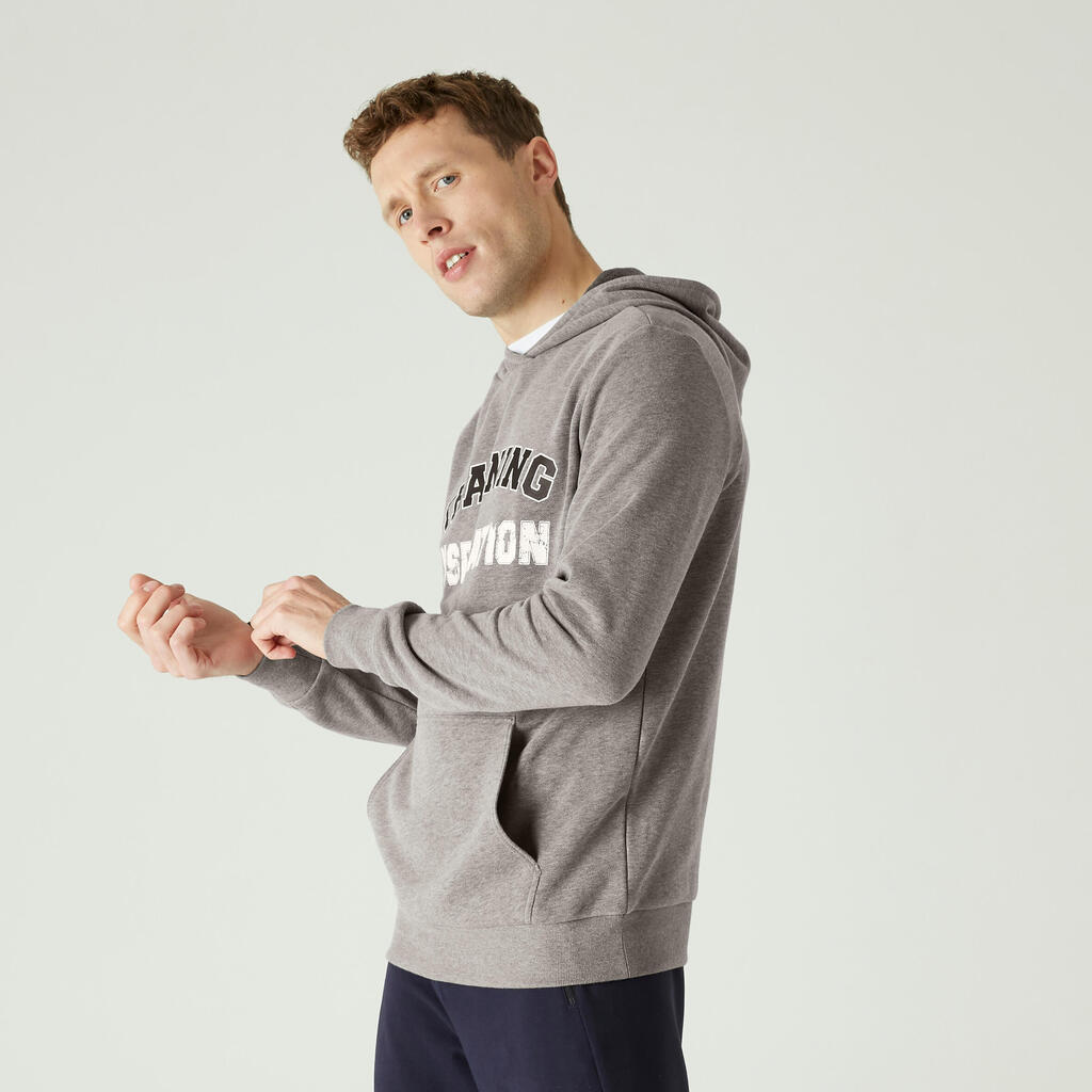 Men's fitness crew hoodie 100 - schist grey with pattern
