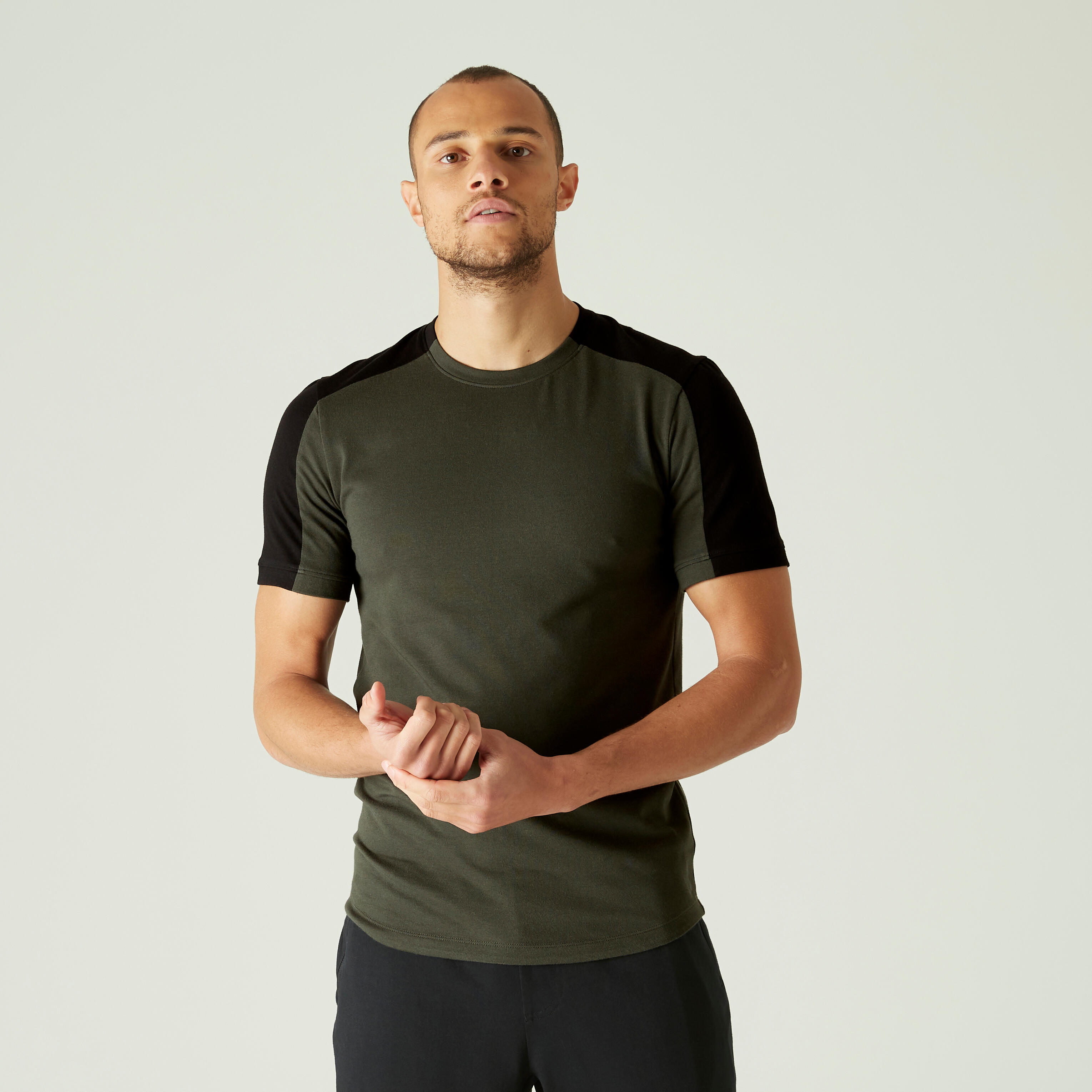 T Shirt Coton Extensible Fitness Tomb arrondi Slim Kaki Decathlon