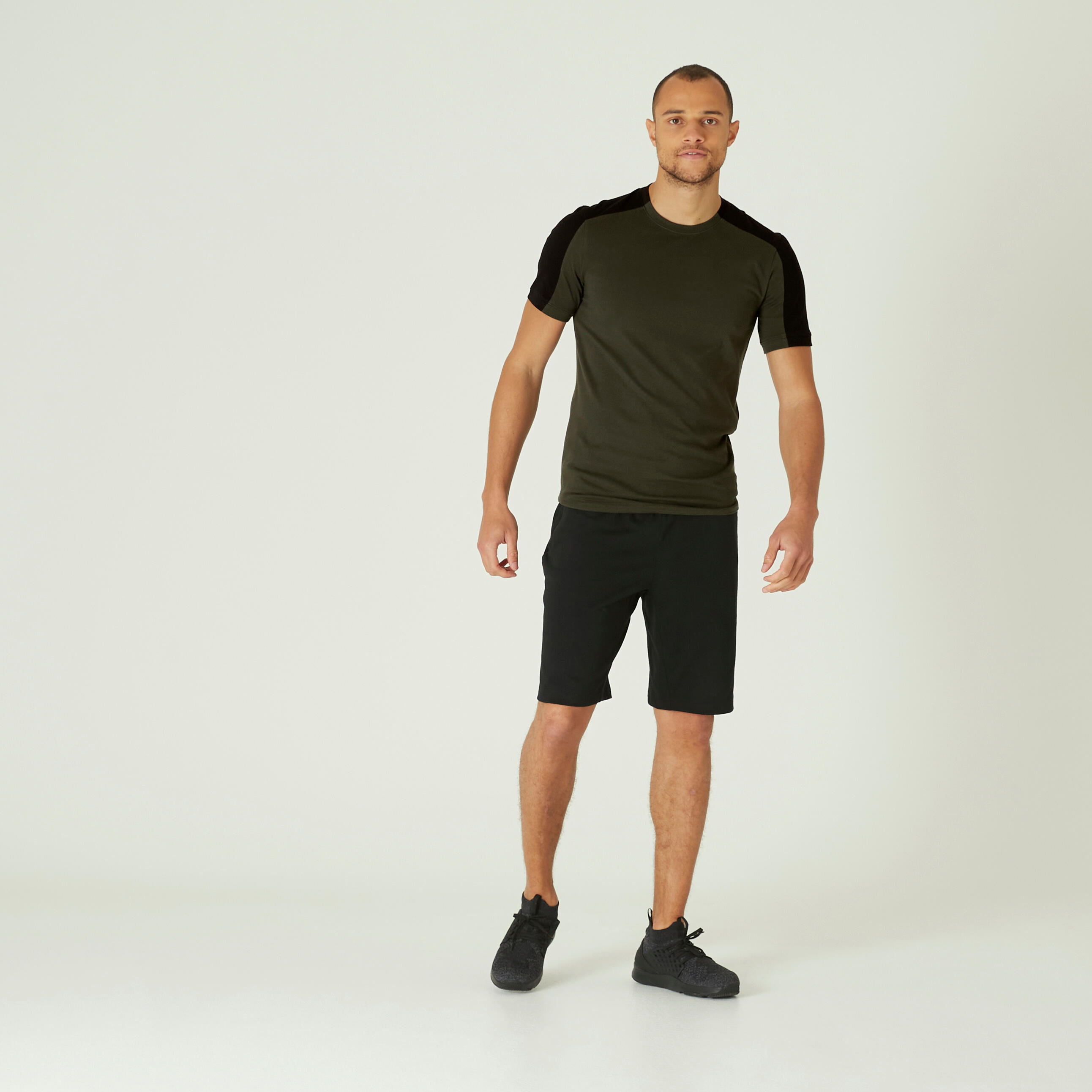 Fitness Slim-Fit Stretch Cotton T-Shirt with Rounded Hem - Khaki 2/8