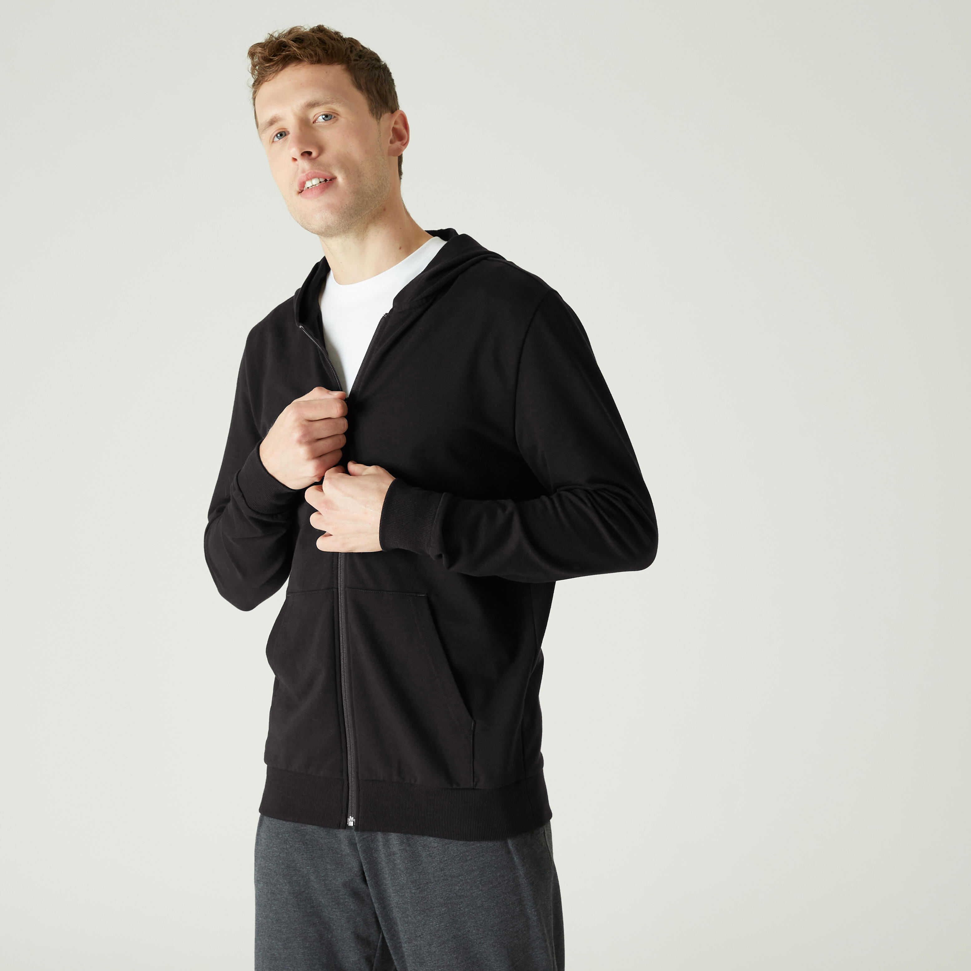 Men's Gym Jacket Hooded Zip Sweatshirt, 100 - Black