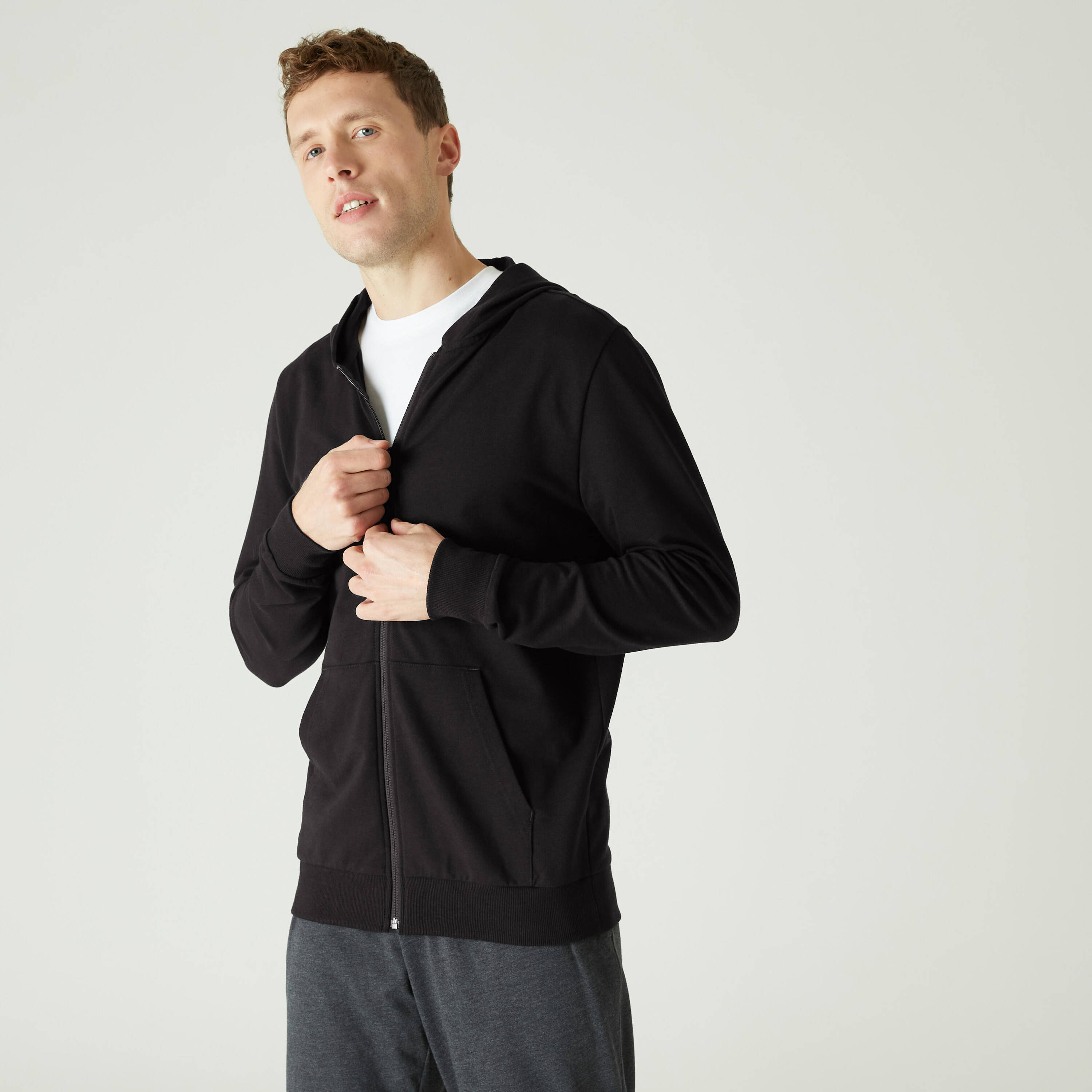 Men Sweatshirt With Hood and Zip 100 For Gym- Black -  1