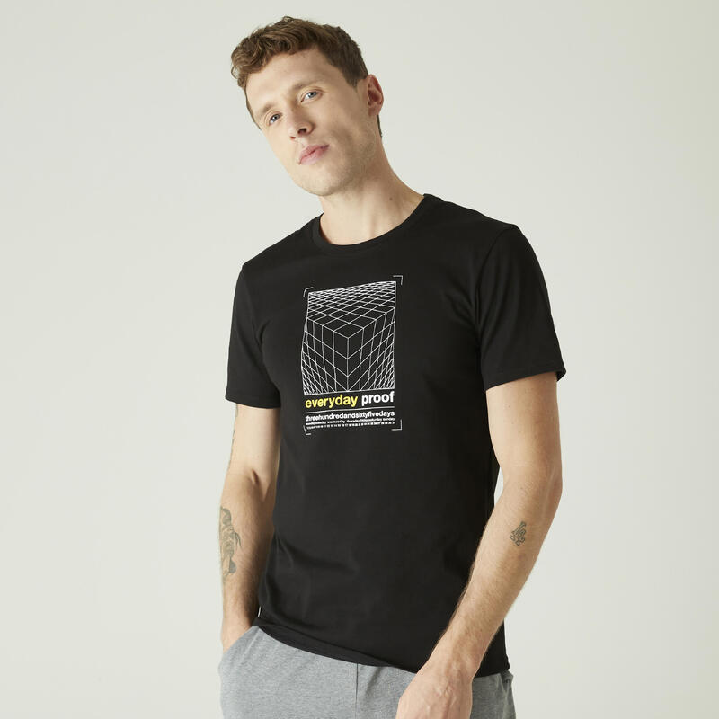 T-shirt fitness manches courtes slim coton col rond homme noir à motifs