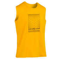 Men's Crew Neck Straight-Cut Cotton Fitness Tank Top 500 - Yellow With Motif