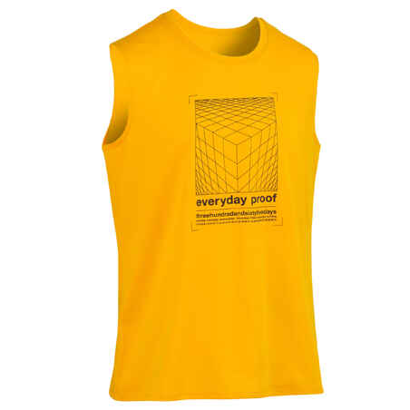 Men's Crew Neck Straight-Cut Cotton Fitness Tank Top 500 - Yellow With Motif