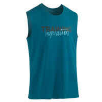 Men's Crew Neck Straight-Cut Cotton Fitness Tank Top 500 - Peacock Blue Motif