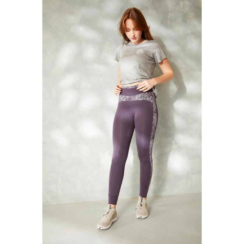 Legging fitness long coton extensible taille haute femme - violet avec imprimé