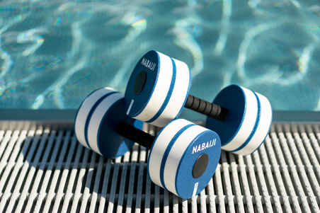 Putplasčio svarmenų pora kūno rengybos treniruotėms vandenyje, mėlyni, balti