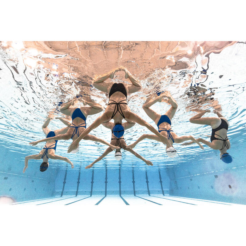 Maillot de bain fille de natation synchronisée artistique une pièce, bleu.