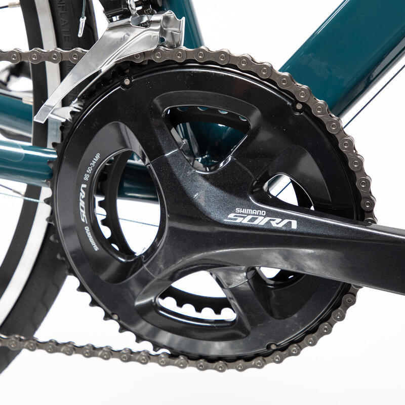 Bicicleta de carretera mujer aluminio Sora 9V manillar plano Triban verde