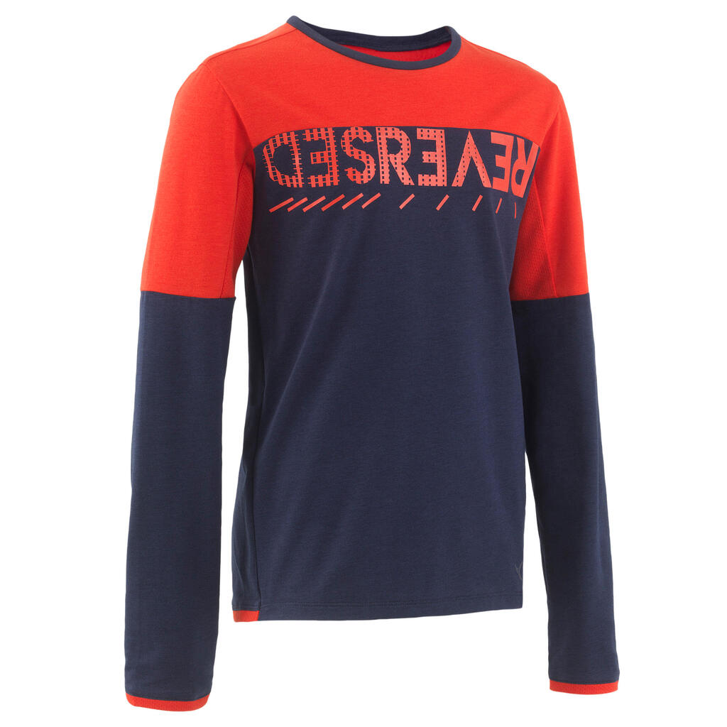 Kids' Long-Sleeved Cotton T-Shirt - Navy Blue/Red