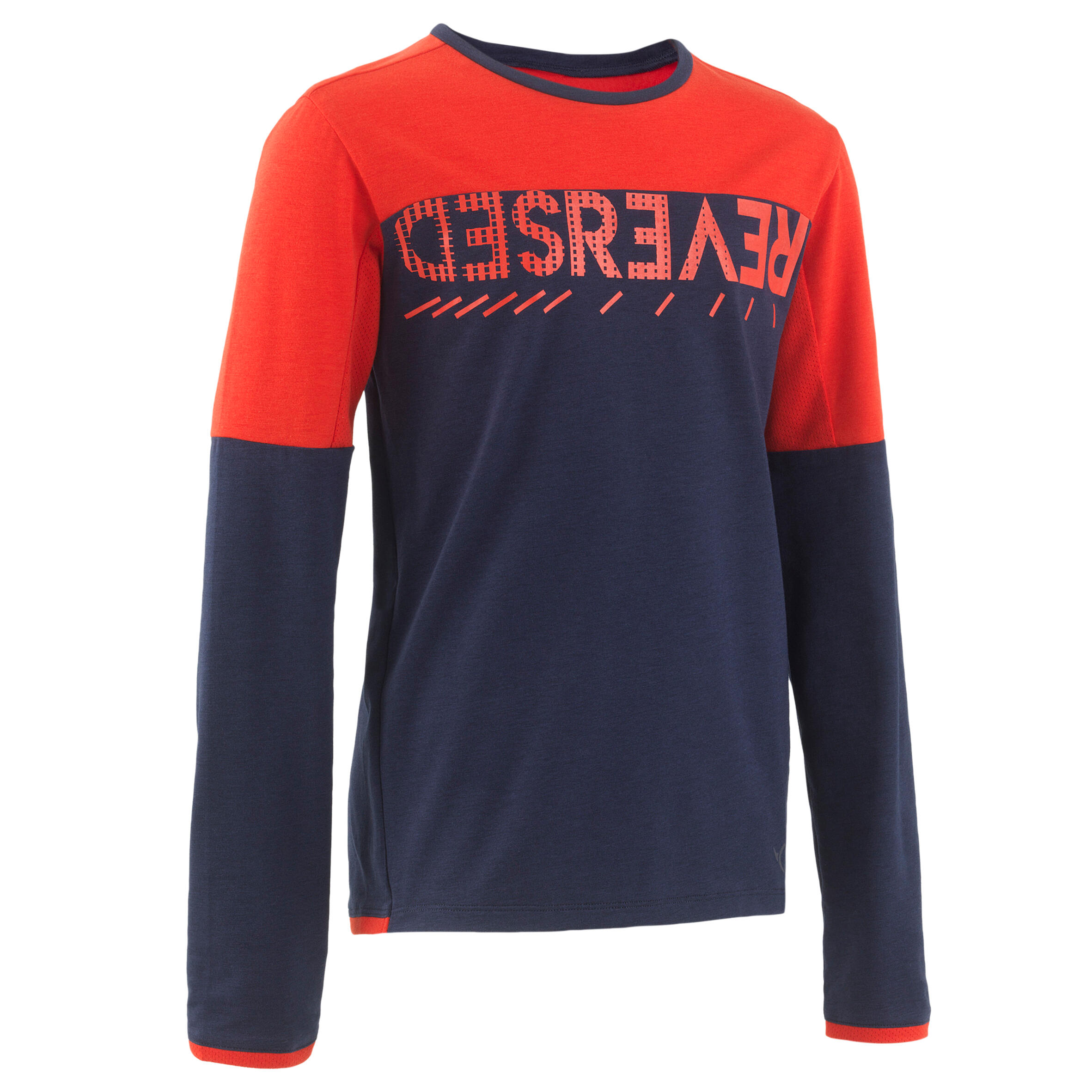 DOMYOS Kids' Long-Sleeved Cotton T-Shirt - Navy Blue/Red