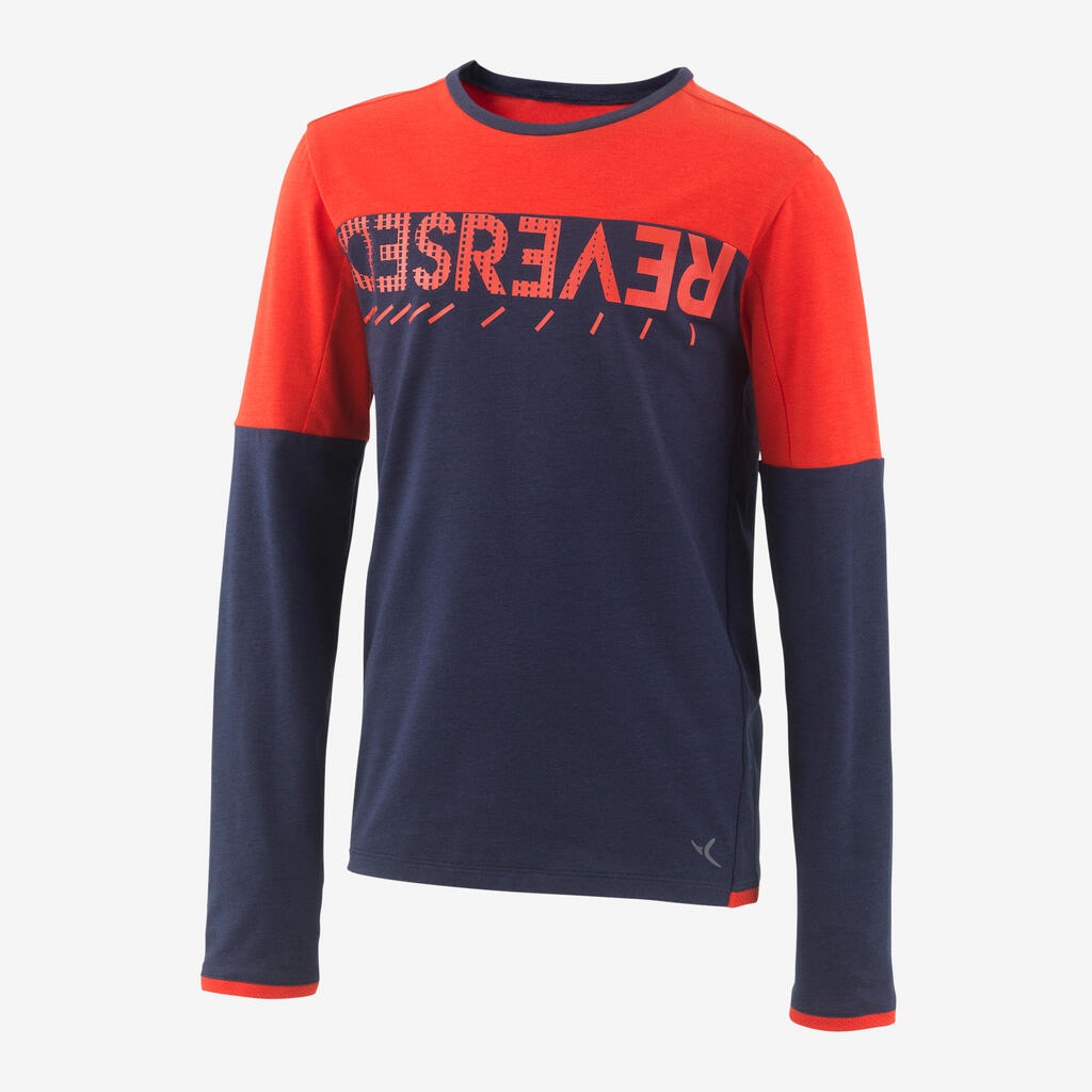 Kids' Long-Sleeved Cotton T-Shirt - Navy Blue/Red