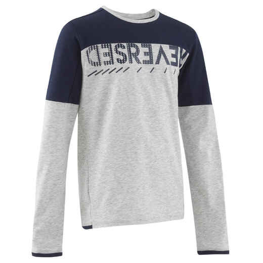 
      Kids' Long-Sleeved Cotton Two-Colour T-Shirt 500 - Grey/Navy
  