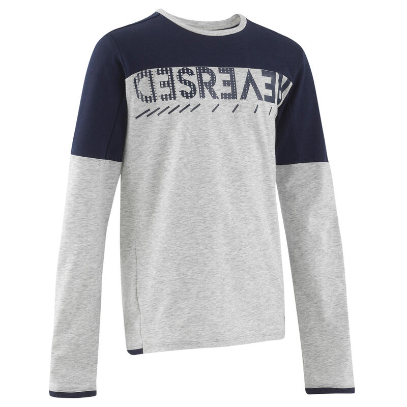 T-shirt manches longues enfant coton bicolore - 500 gris bleu marine