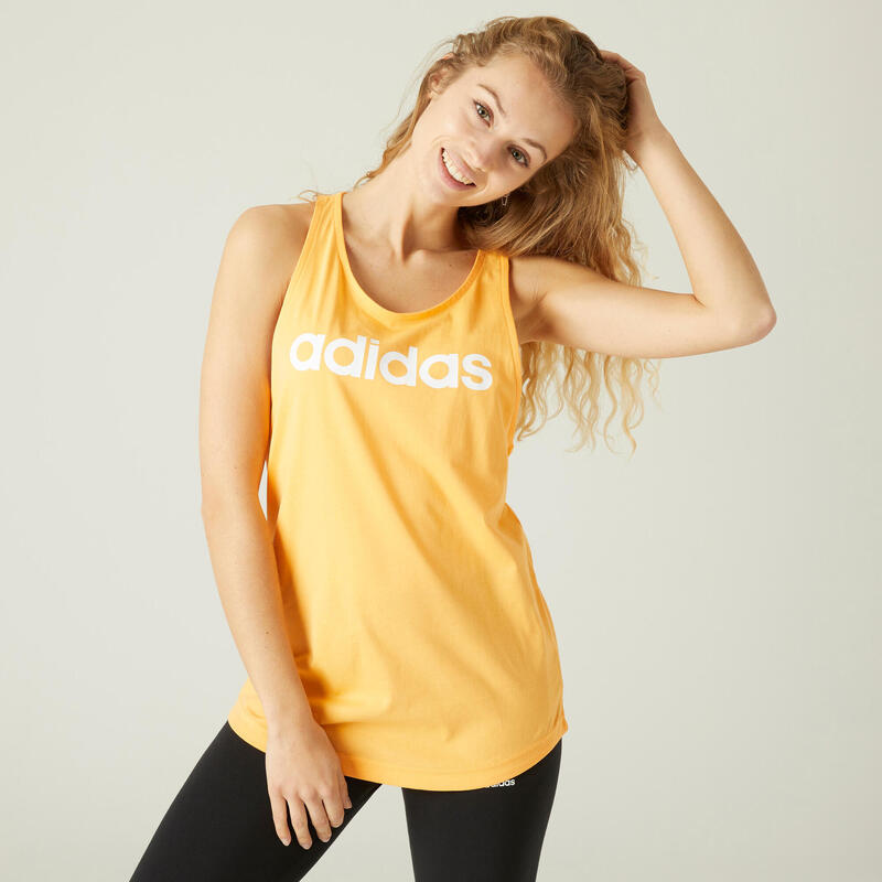 Camiseta Mujer Sin Mangas Adidas 100% Algodón Fitness Linear naranja