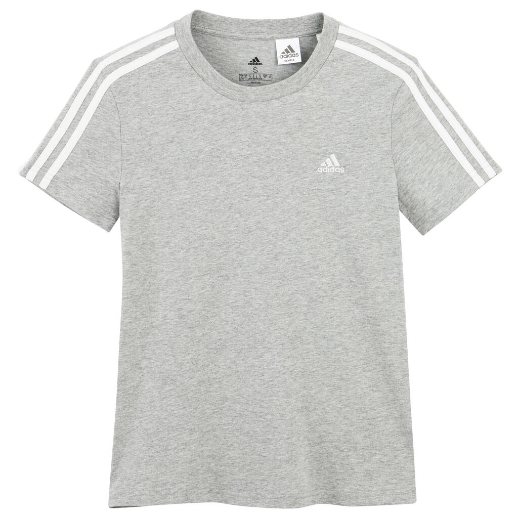 Women's Short-Sleeved Fitted Crew Neck Cotton Fitness T-Shirt 3 Stripes - Grey