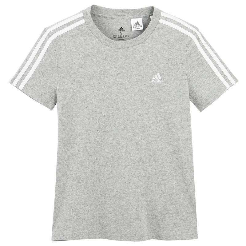 Camiseta mujer manga corta 100% algodón adidas fitness 3 franjas gris jaspeado