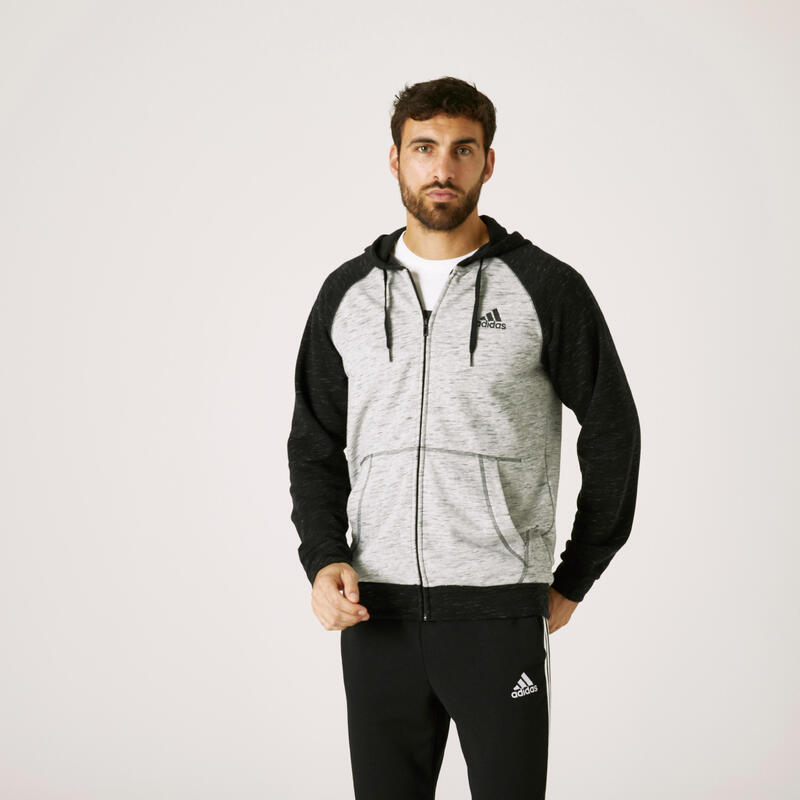 Sweat Zippé à Capuche Adidas Fitness Essentials Gris Chiné Noir