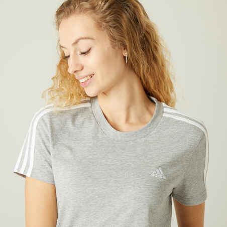 Women's Short-Sleeved Fitted Crew Neck Cotton Fitness T-Shirt 3 Stripes - Grey