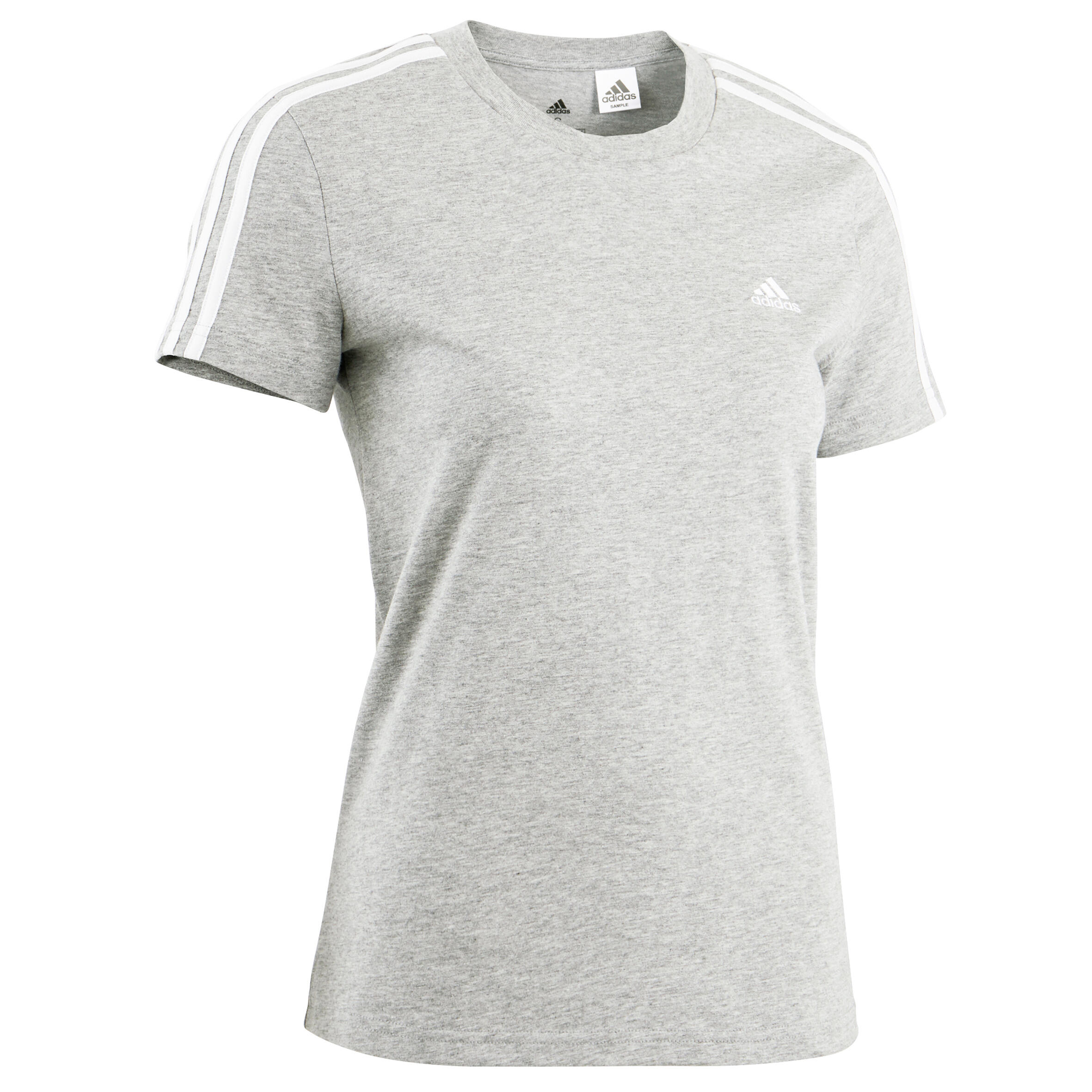 Women's Short-Sleeved Fitted Crew Neck Cotton Fitness T-Shirt 3 Stripes - Grey 6/6