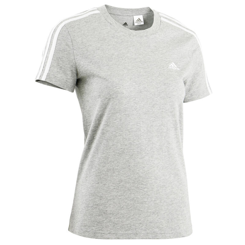 Camiseta mujer corta 100% algodón Adidas fitness 3 gris jaspeado | Decathlon