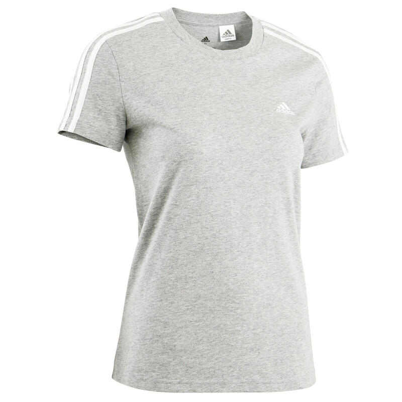 Camiseta mujer manga corta 100% algodón adidas fitness 3 franjas gris jaspeado