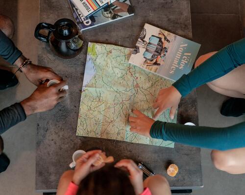 bird's eye view of a preparation table for a bicycle trip