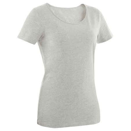 Women's Short-Sleeved Straight-Cut Crew Neck Cotton Fitness T-Shirt 100 - Grey