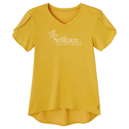 T-shirt fitness manches courtes couvrant coton extensible col en V femme miel