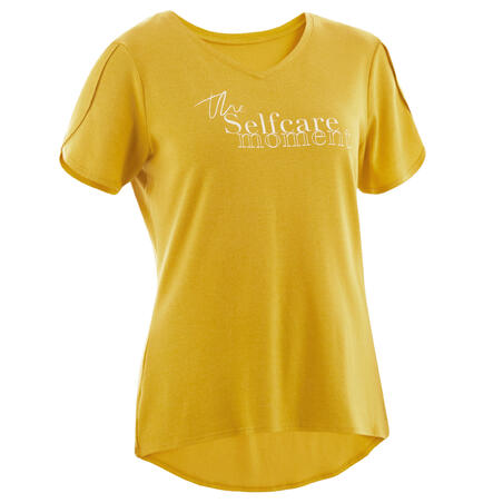 T-shirt fitness manches courtes couvrant coton extensible col en V femme miel