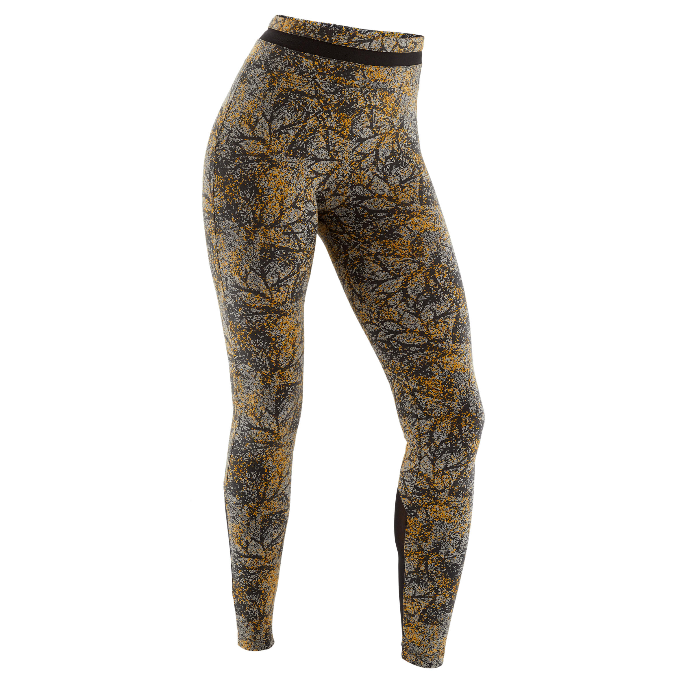 Stretchy High-Waisted Cotton Fitness Leggings with Mesh - Yellow Print 8/11