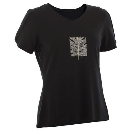 T-shirt fitness manches courtes couvrant coton col en V femme noir avec imprimé