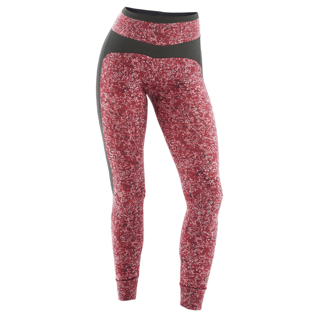 Legging fitness long coton extensible taille haute femme - rose vif avec imprimé