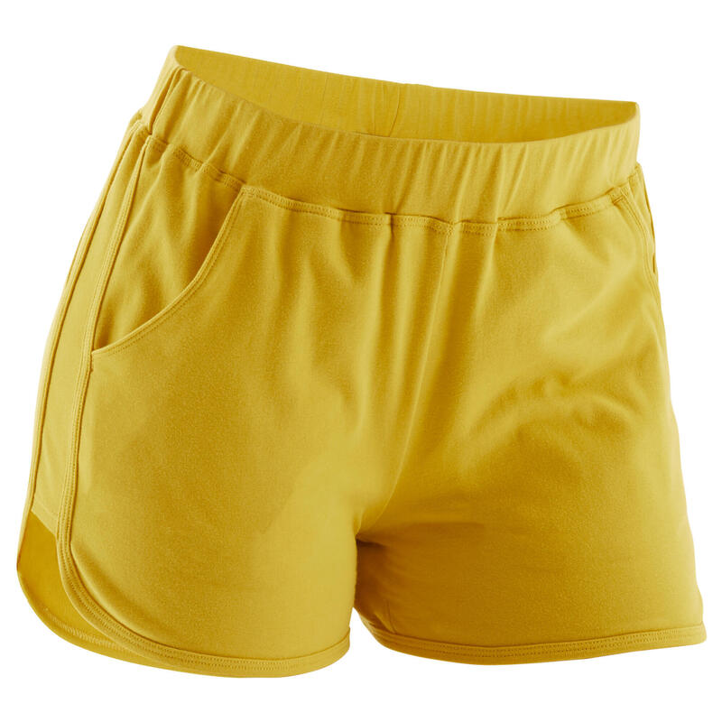 Short Fitness femme coton droit avec poche - 520 jaune