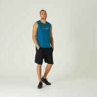 Men's Crew Neck Straight-Cut Cotton Fitness Tank Top 500 - Peacock Blue Motif