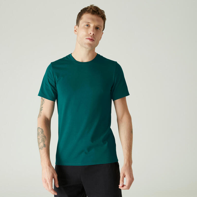 T-shirt fitness manches courtes slim coton extensible col rond homme turquoise