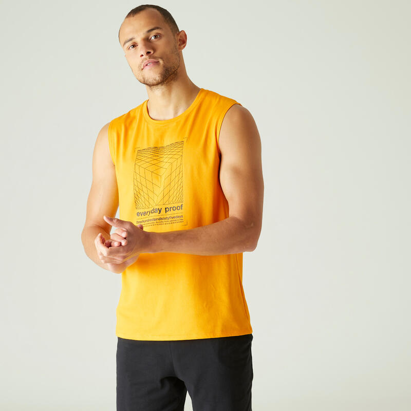 Men's Crew Neck Straight-Cut Cotton Fitness Tank Top 500 - Yellow With Motif