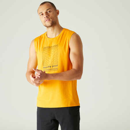 Tank-Shirt Fitness 500 Rundhals gerade Baumwolle Herren gelb mit Motiv 
