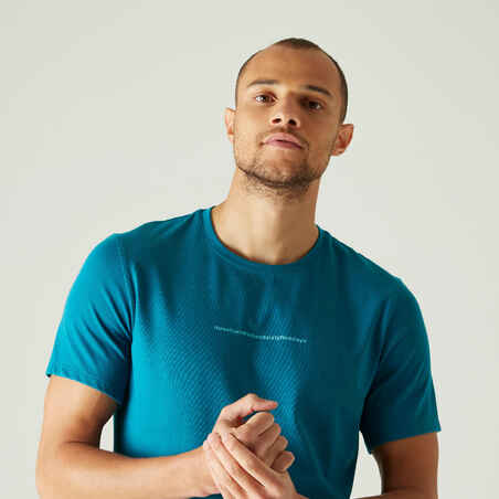 T-Shirt Fitness Baumwolle dehnbar 500 Herren blau Print