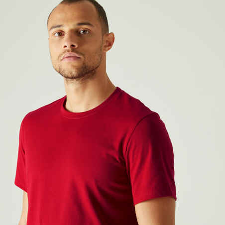 Men's Short-Sleeved Straight-Cut Crew Neck Cotton Fitness T-Shirt 500 Garnet Red