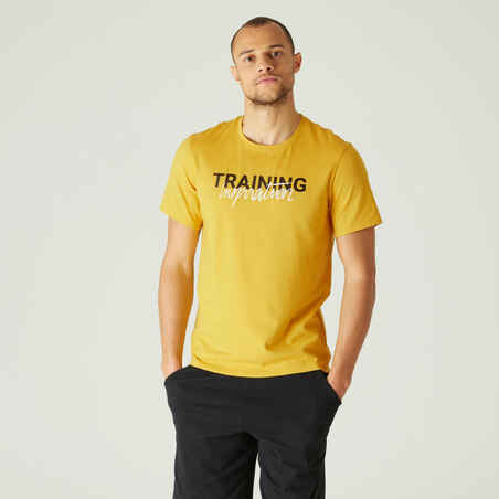 Men's Short-Sleeved Straight-Cut Crew Neck Cotton Fitness T-Shirt 500 - Honey